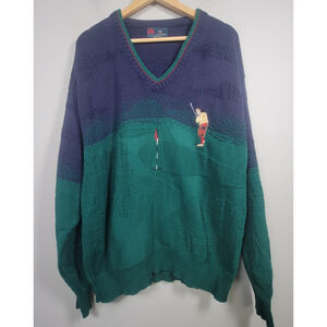 Isle of Cotton Sweater Mens XL Golf Player Embroidered V Neck USA Green Blue
